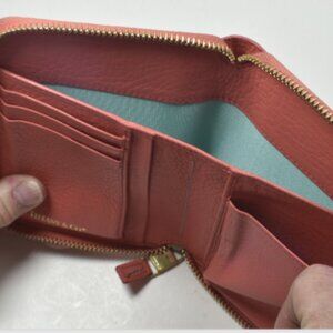 Tiffany & Co Tangerine & Blue Grain Leather Zippy Wallet w/ Box & Ribbon Etc VGC